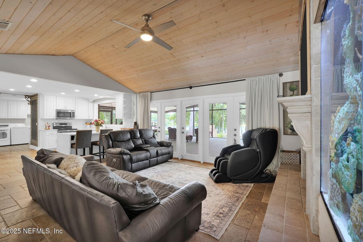 Dining room, Interior, Kitchen, Living room, Recessed Lighting, Wooden Ceilings