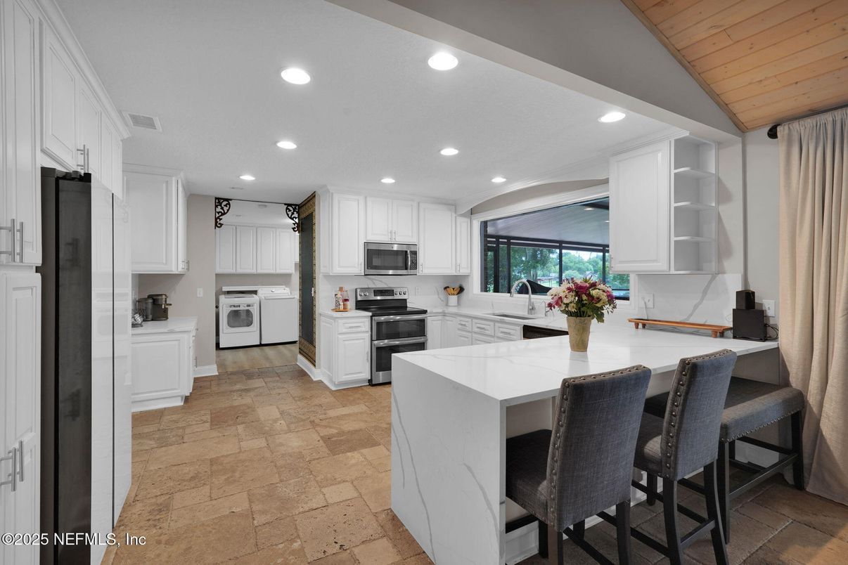 Interior, Kitchen, Recessed Lighting, Stainless Steel Appliances, Wooden Ceilings