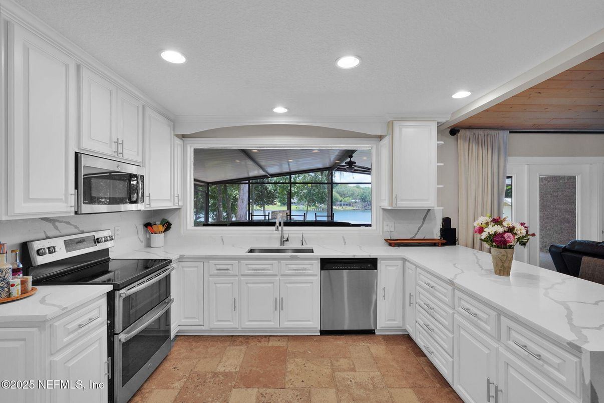 Interior, Kitchen, Recessed Lighting, Stainless Steel Appliances, Wooden Ceilings