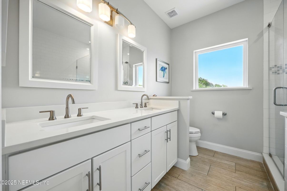 Bathroom, Dual Sink Vanities, Glass Shower, Interior, Wood Texture Flooring