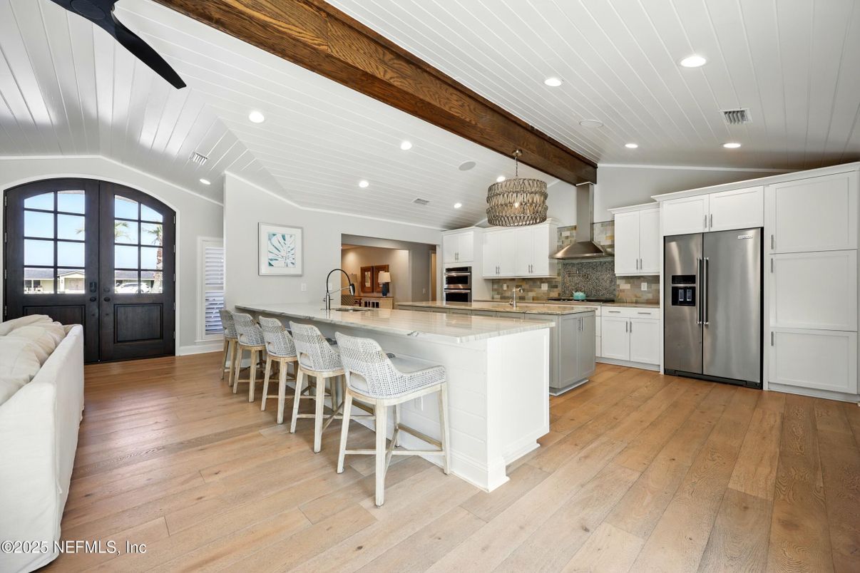 Interior, Kitchen, Recessed Lighting, Stainless Steel Appliances, Wooden Beams, Wood Texture Flooring