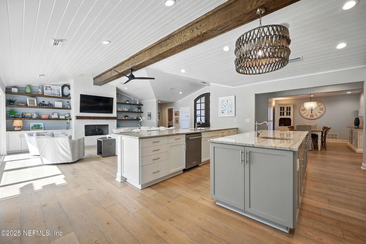 Chandelier, Dining room, Fireplace, Interior, Kitchen, Living room, Pendant Lights, Recessed Lighting, Wood Texture Flooring