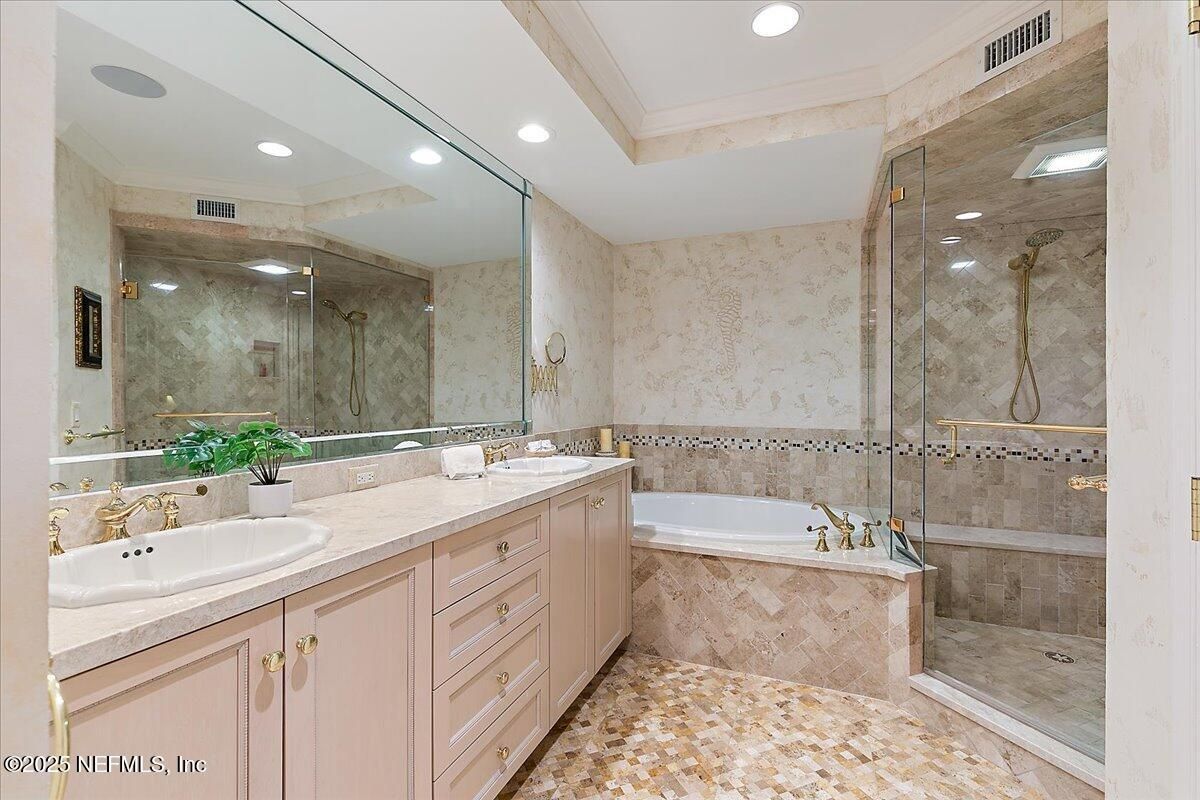 Bathroom, Dual Sink Vanities, Glass Shower, Interior, Recessed Lighting