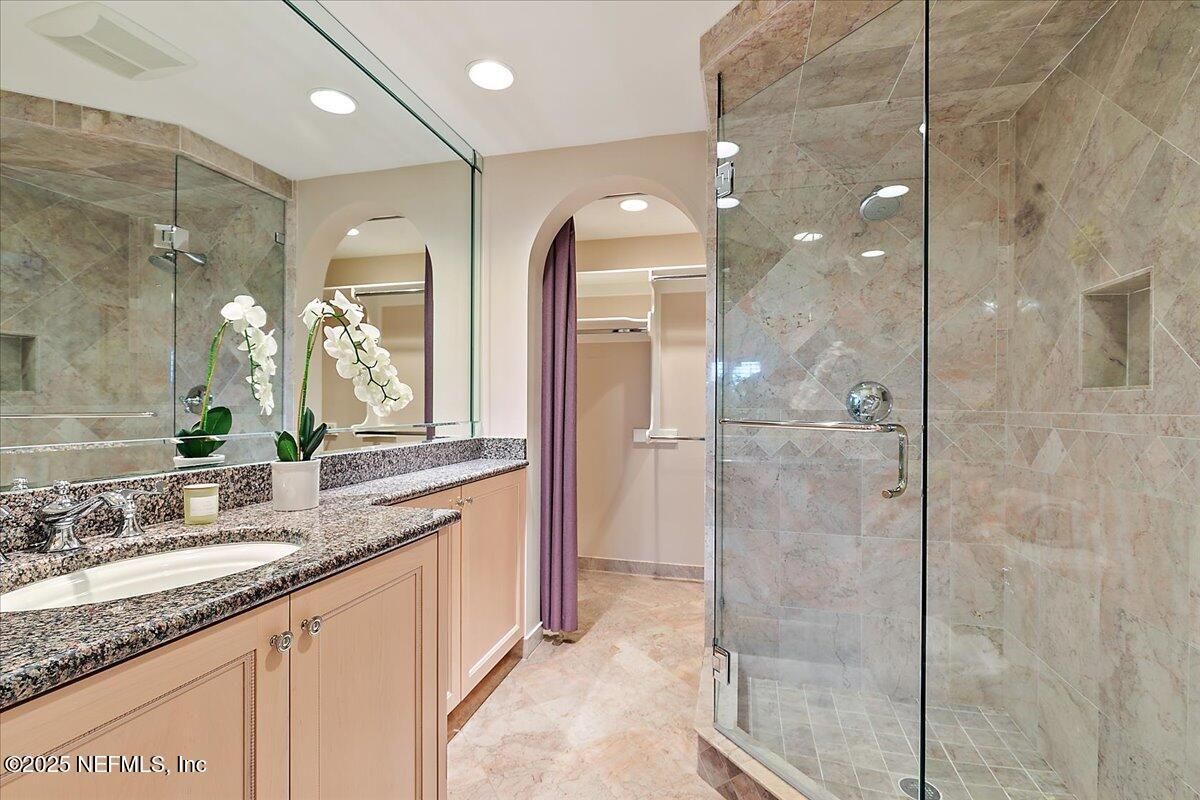 Bathroom, Dual Sink Vanities, Glass Shower, Interior, Recessed Lighting
