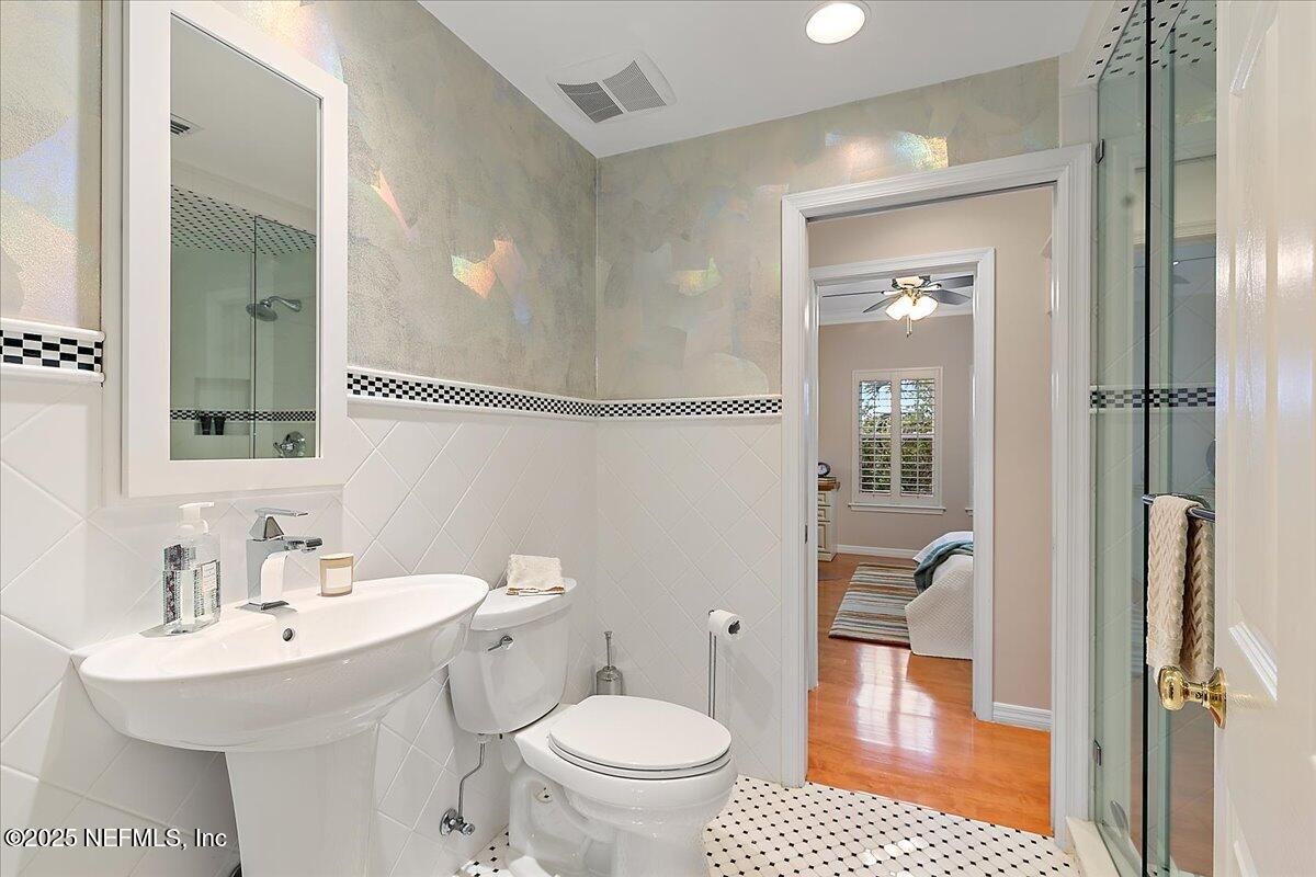 Bathroom, Glass Shower, Interior, Recessed Lighting, Wood Texture Flooring