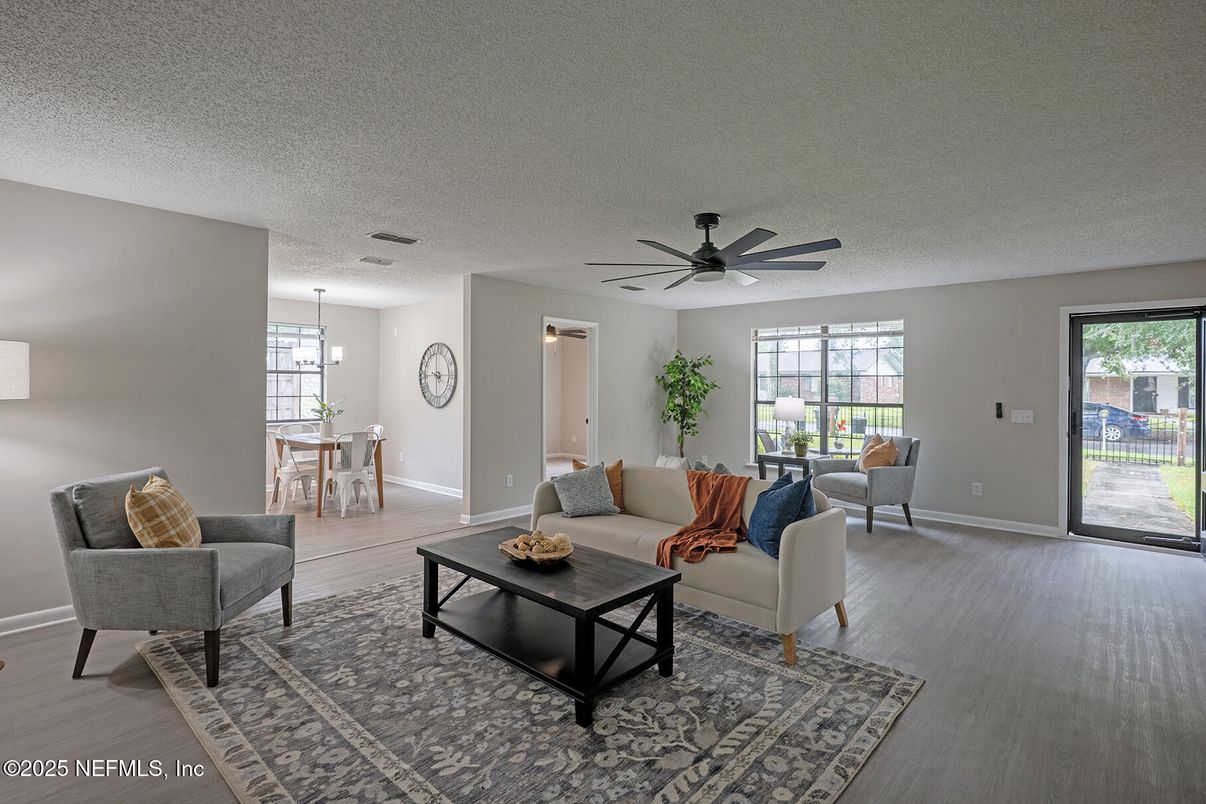 Dining room, Interior, Living room, Pendant Lights, Wood Texture Flooring