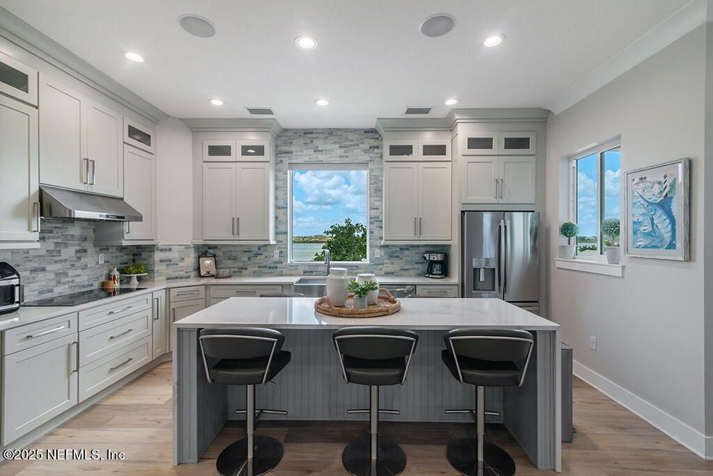 Interior, Kitchen, Recessed Lighting, Stainless Steel Appliances, Water, Wood Texture Flooring