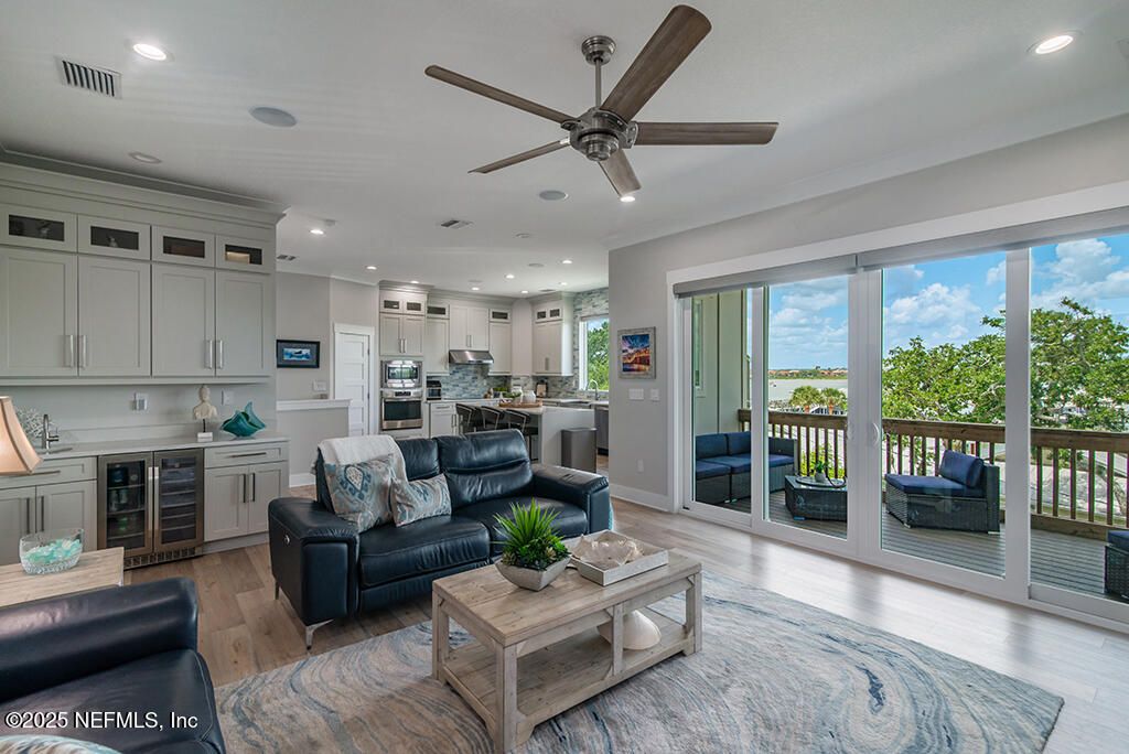 Interior, Kitchen, Living room, Recessed Lighting, Stainless Steel Appliances, Water, Wood Texture Flooring