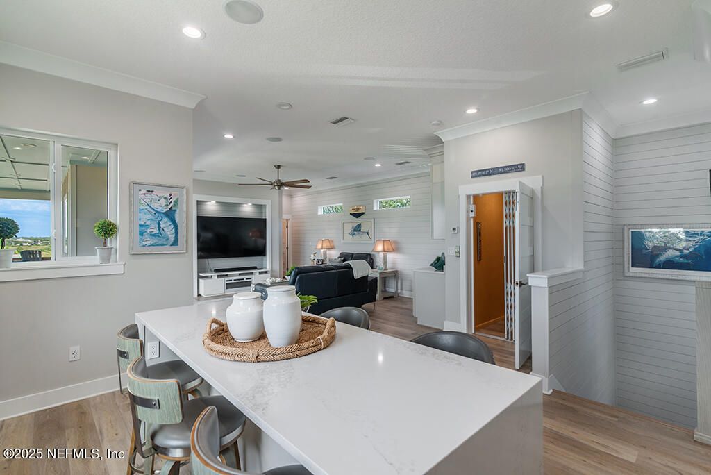 Dining room, Interior, Living room, Recessed Lighting, Water, Wood Texture Flooring