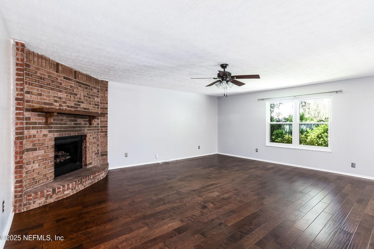 Empty room, Fireplace, Interior, Stone Walls, Wood Texture Flooring