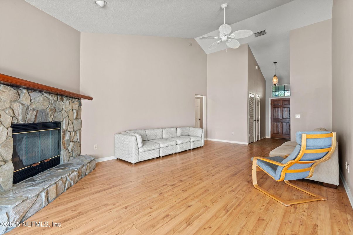 Fireplace, Interior, Pendant Lights, Wood Texture Flooring