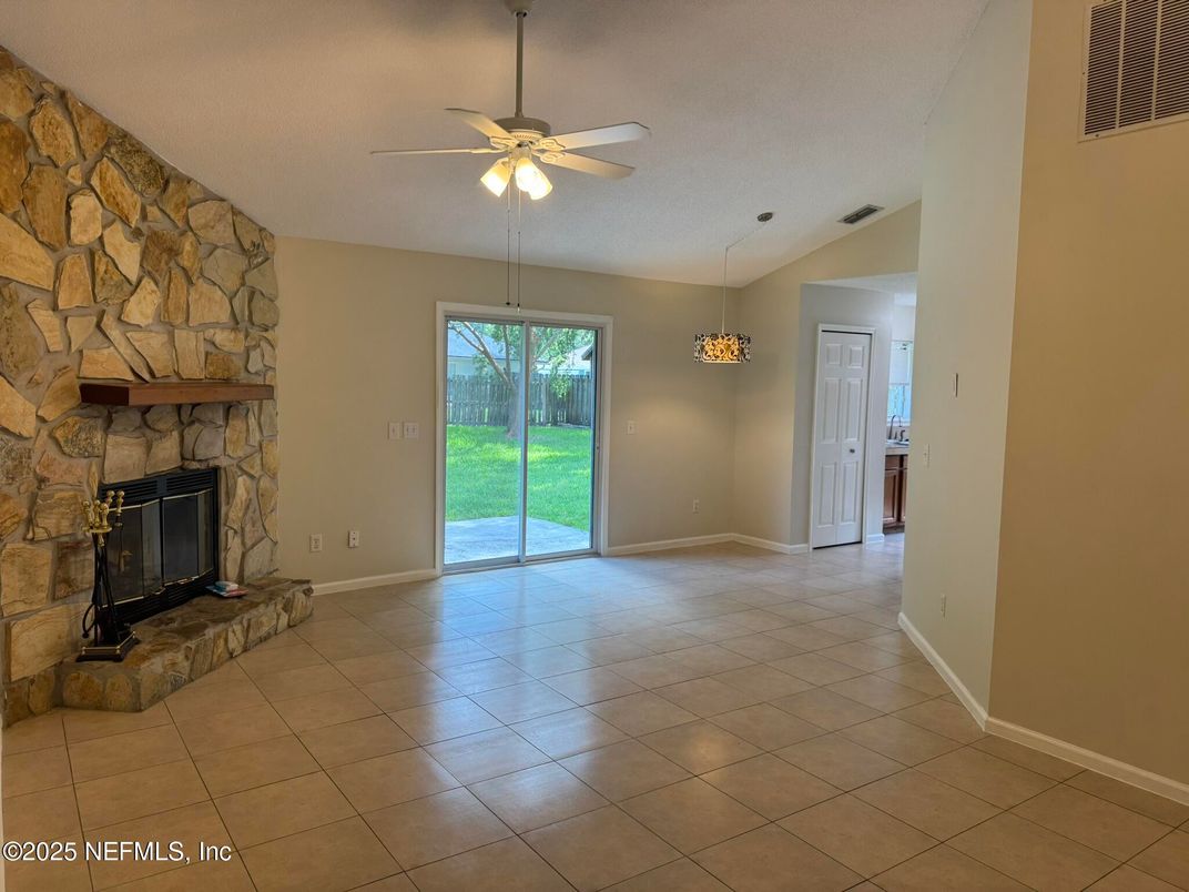 Empty room, Fireplace, Interior, Pendant Lights, Stone Walls