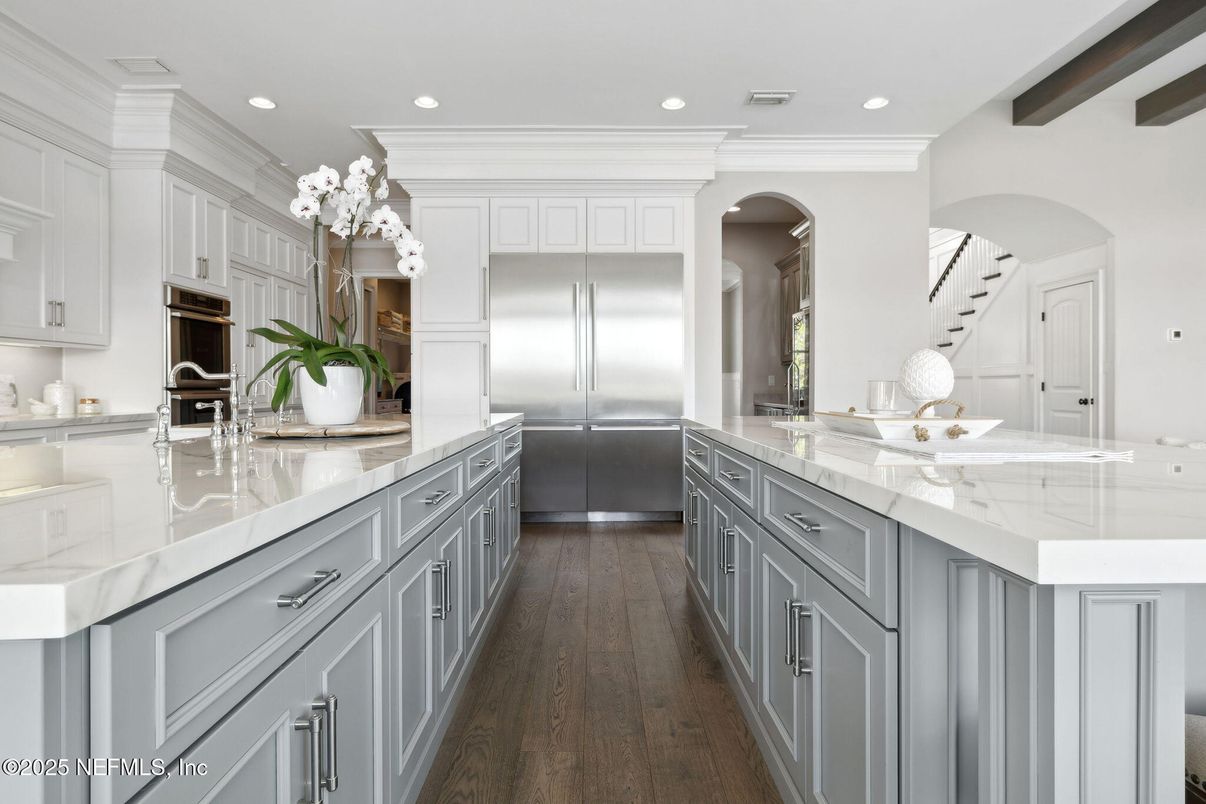 Interior, Kitchen, Recessed Lighting, Stainless Steel Appliances, Wooden Beams, Wood Texture Flooring
