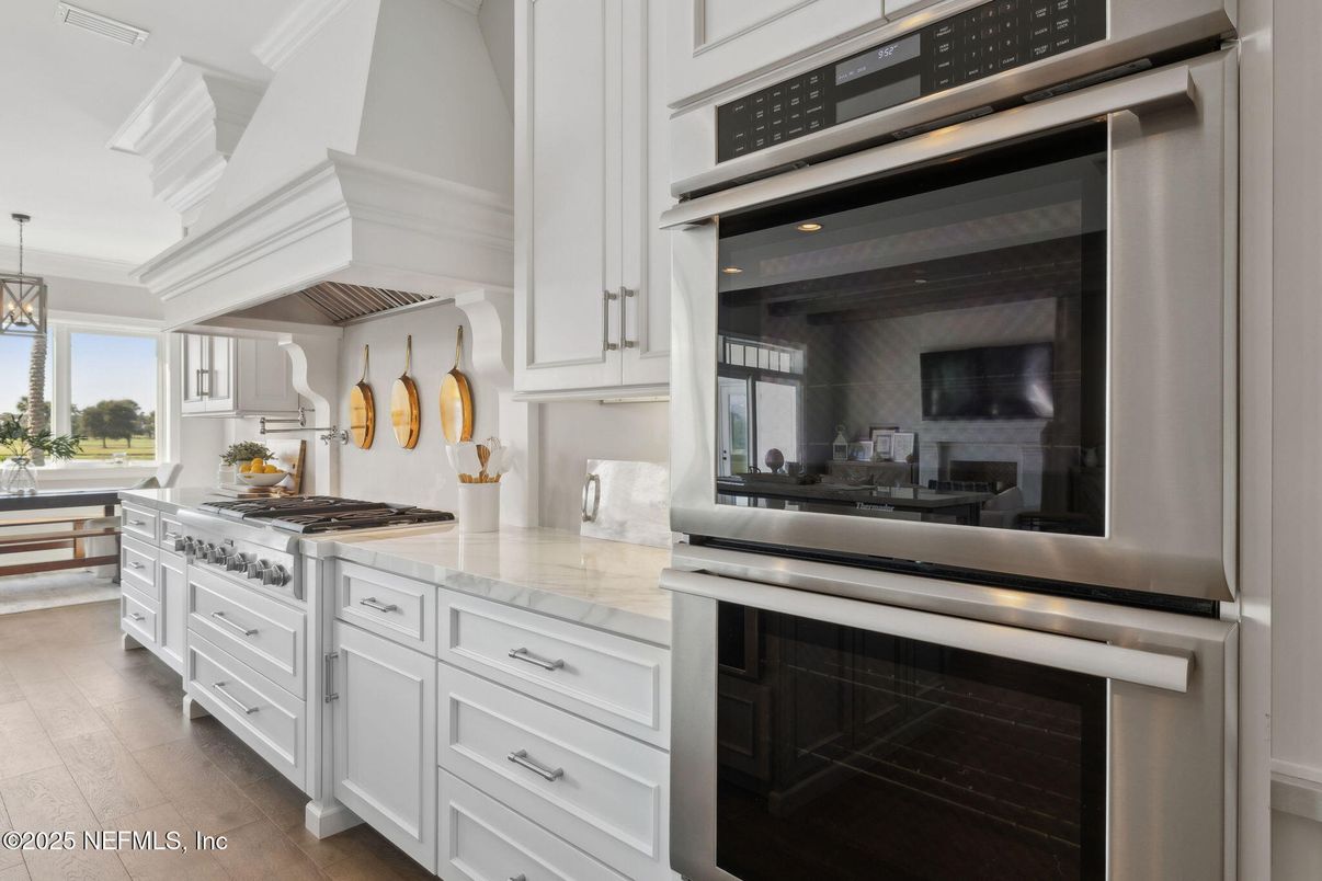 Chandelier, Interior, Kitchen, Pendant Lights, Stainless Steel Appliances, Wood Texture Flooring