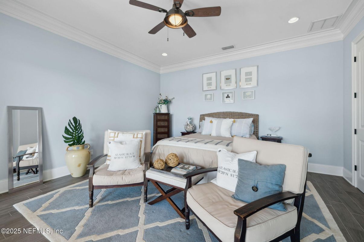 Bedroom, Interior, Recessed Lighting, Wood Texture Flooring