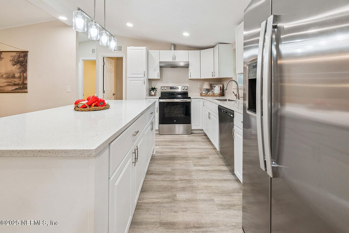 Interior, Kitchen, Pendant Lights, Recessed Lighting, Stainless Steel Appliances, Wood Texture Flooring