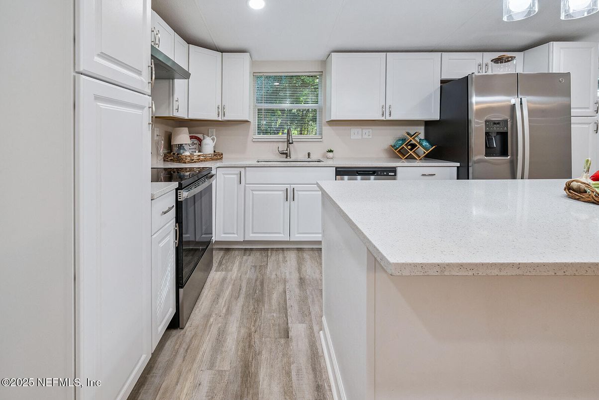 Interior, Kitchen, Recessed Lighting, Stainless Steel Appliances, Wood Texture Flooring