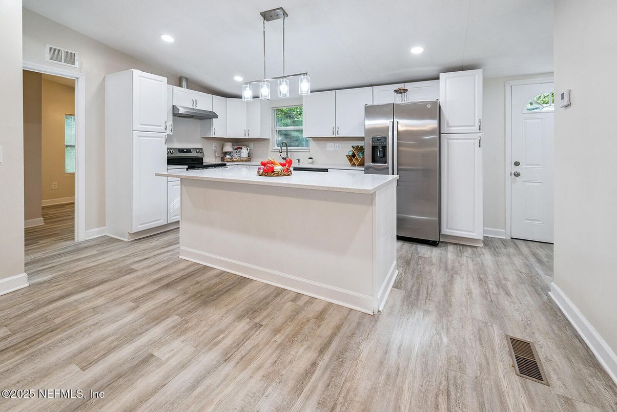 Interior, Kitchen, Pendant Lights, Recessed Lighting, Stainless Steel Appliances, Wood Texture Flooring
