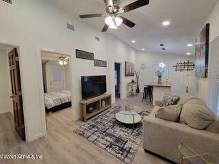 Interior, Living room, Pendant Lights, Recessed Lighting, Wood Texture Flooring