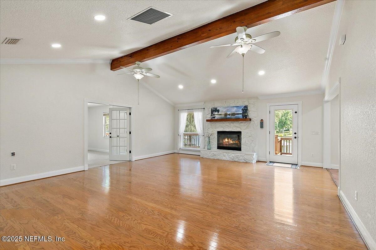 Empty room, Fireplace, Interior, Recessed Lighting, Wood Texture Flooring