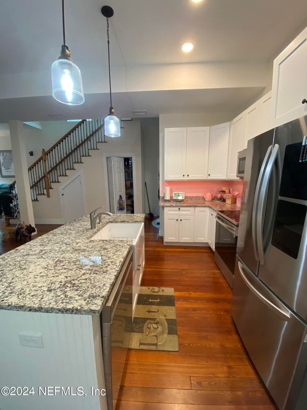 Interior, Kitchen, Pendant Lights, Recessed Lighting, Stainless Steel Appliances, Wood Texture Flooring