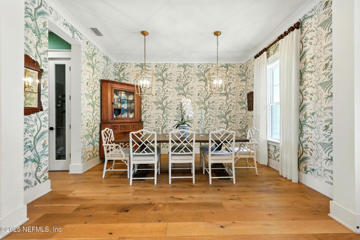 Dining room, Interior, Pendant Lights, Wood Texture Flooring