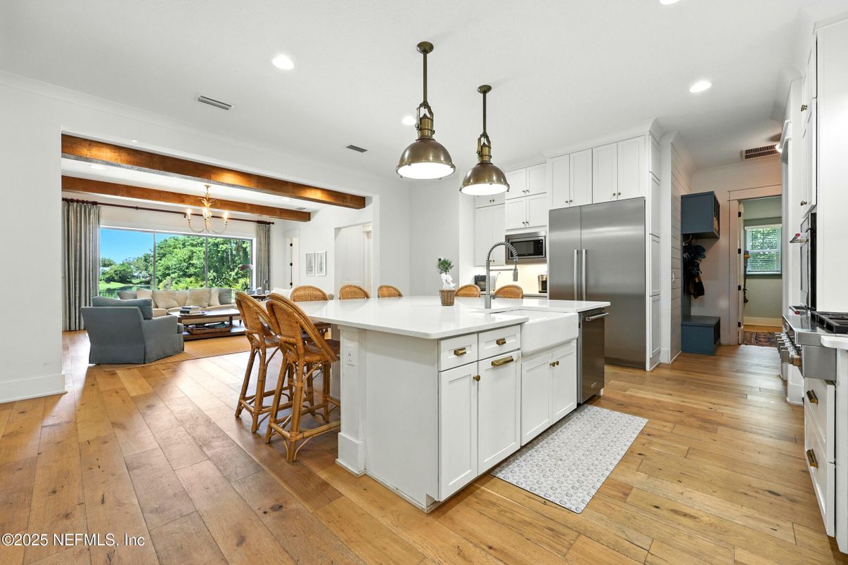 Interior, Kitchen, Living room, Pendant Lights, Recessed Lighting, Stainless Steel Appliances, Wood Texture Flooring