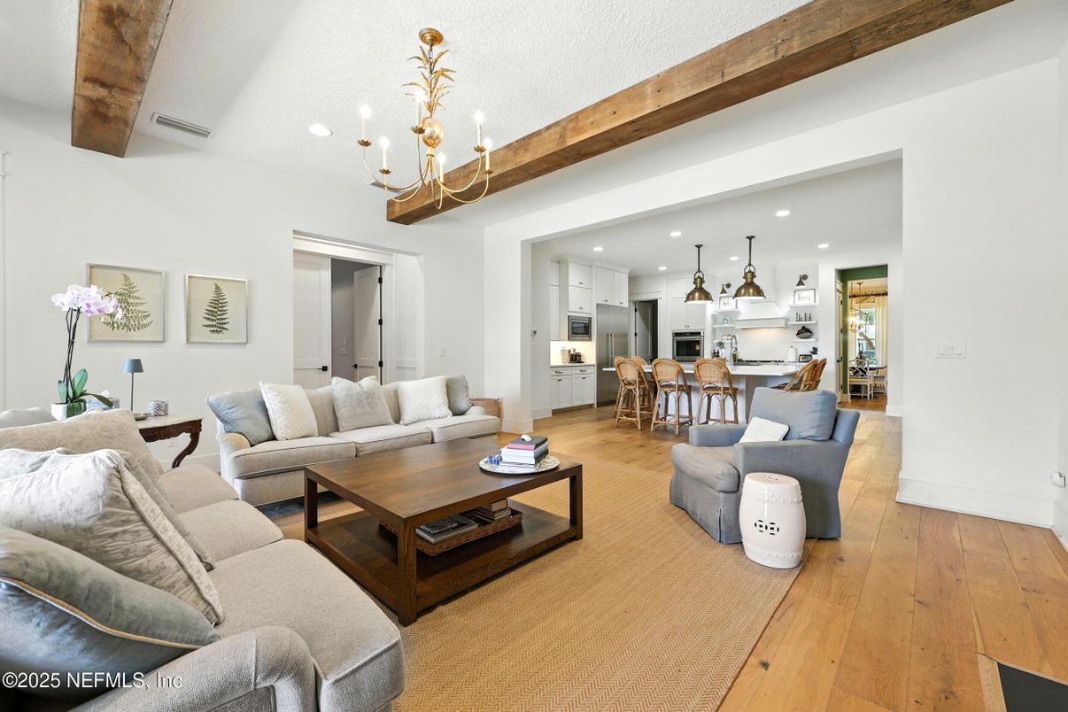 Dining room, Interior, Kitchen, Living room, Pendant Lights, Recessed Lighting, Stainless Steel Appliances, Wooden Beams, Wood Texture Flooring