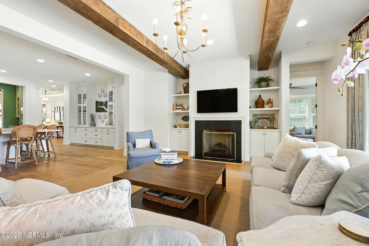 Chandelier, Fireplace, Interior, Living room, Recessed Lighting, Wooden Beams, Wood Texture Flooring