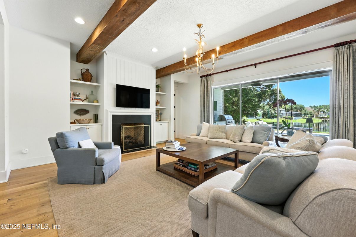 Chandelier, Fireplace, Interior, Living room, Recessed Lighting, Wooden Beams, Wood Texture Flooring