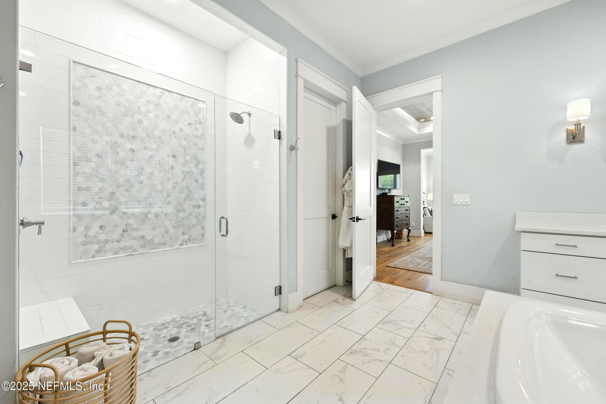 Bathroom, Glass Shower, Interior, Marble, Wood Texture Flooring