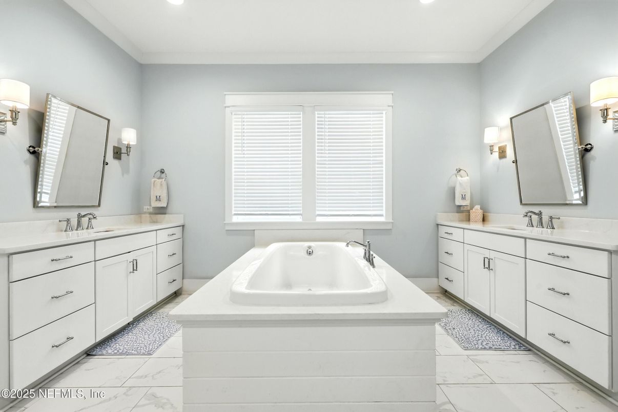 Bathroom, Dual Sink Vanities, Interior, Marble, Recessed Lighting
