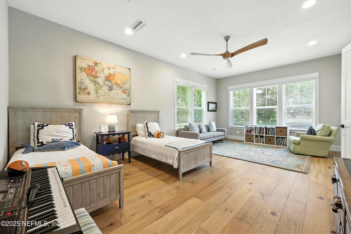 Bedroom, Interior, Piano, Recessed Lighting, Wood Texture Flooring