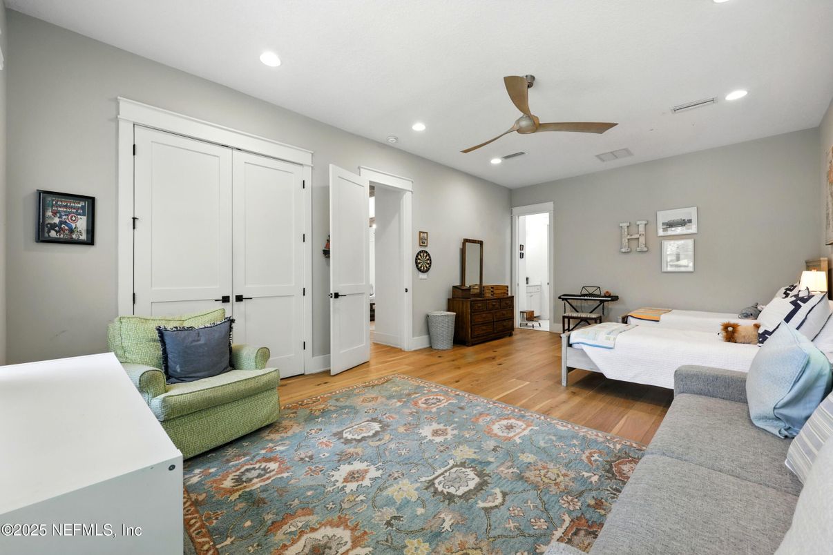 Bedroom, Interior, Recessed Lighting, Wood Texture Flooring