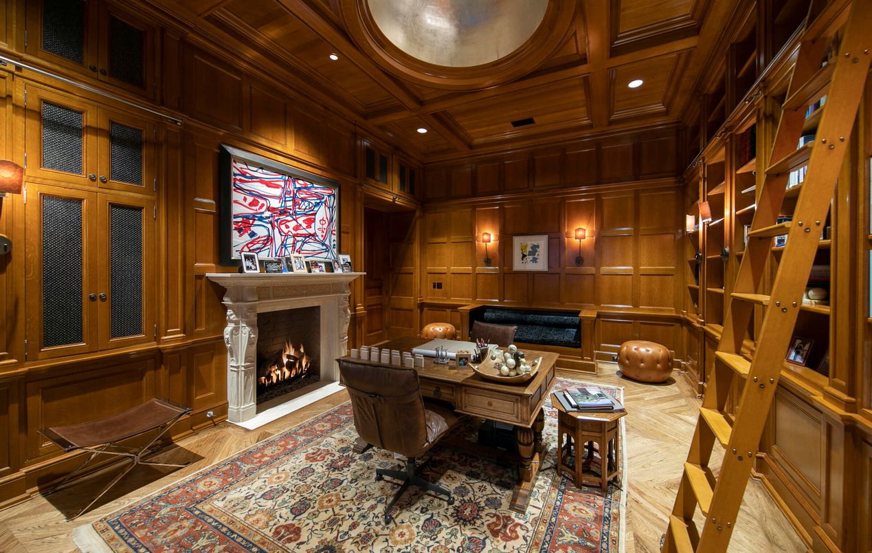 Fireplace, Home Office, Interior, Recessed Lighting, Wooden Beams, Wooden Ceilings, Wood Texture Flooring, Wooden Walls