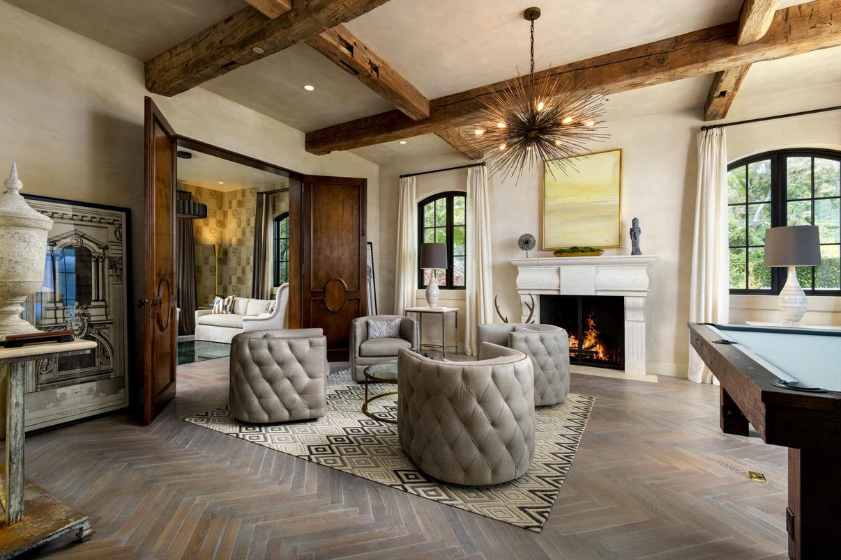 Billiard Table, Fireplace, Game Room, Interior, Living room, Pendant Lights, Recessed Lighting, Wooden Beams, Wood Texture Flooring