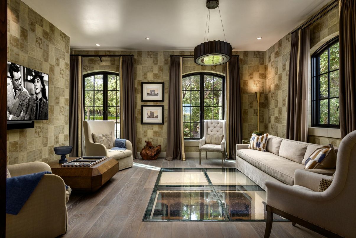 Interior, Living room, Pendant Lights, Recessed Lighting, Stone Walls, Wood Texture Flooring