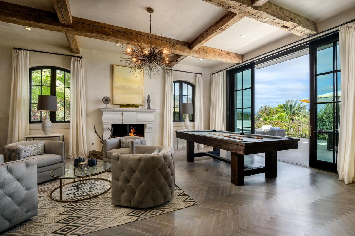 Billiard Table, Fireplace, Game Room, Interior, Living room, Pendant Lights, Recessed Lighting, Wooden Beams, Wood Texture Flooring