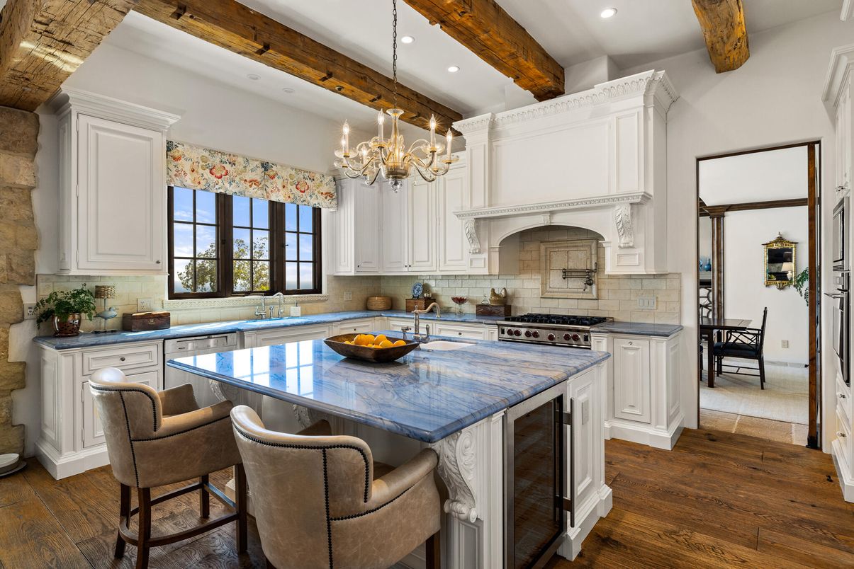 Chandelier, Interior, Kitchen, Recessed Lighting, Stainless Steel Appliances, Wooden Beams, Wood Texture Flooring
