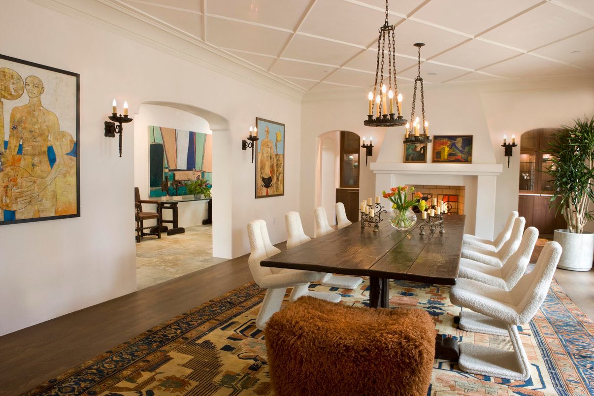 Dining room, Fireplace, Interior, Living room, Pendant Lights, Wood Texture Flooring