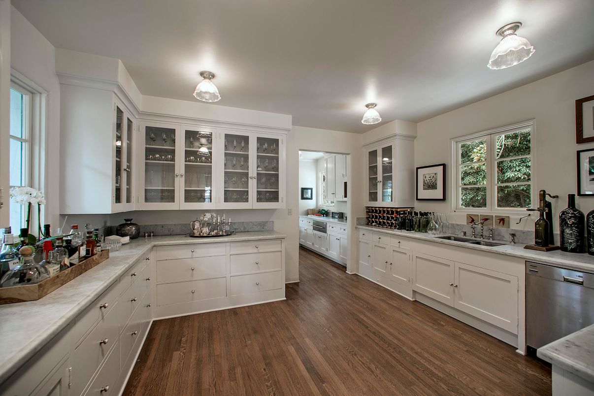 Interior, Kitchen, Tile Countertops, Wood Texture Flooring