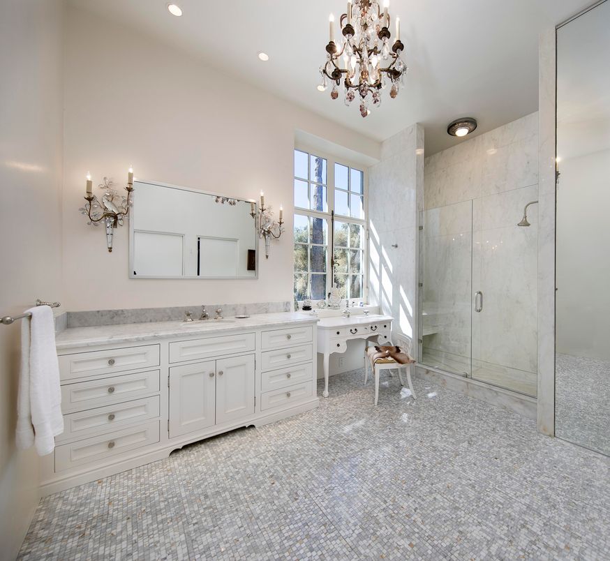 Bathroom, Chandelier, Dual Sink Vanities, Glass Shower, Interior, Marble Walls, Recessed Lighting