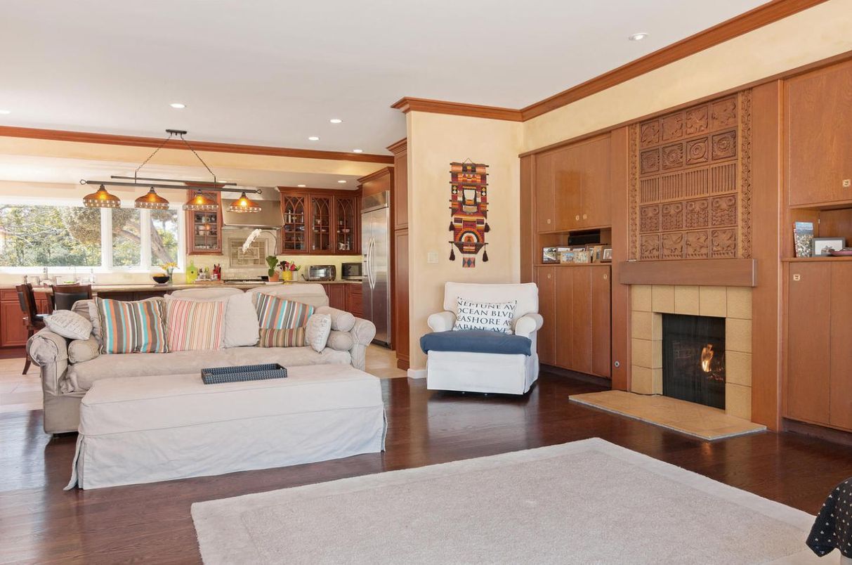 Dining room, Fireplace, Interior, Kitchen, Living room, Pendant Lights, Recessed Lighting, Wood Texture Flooring