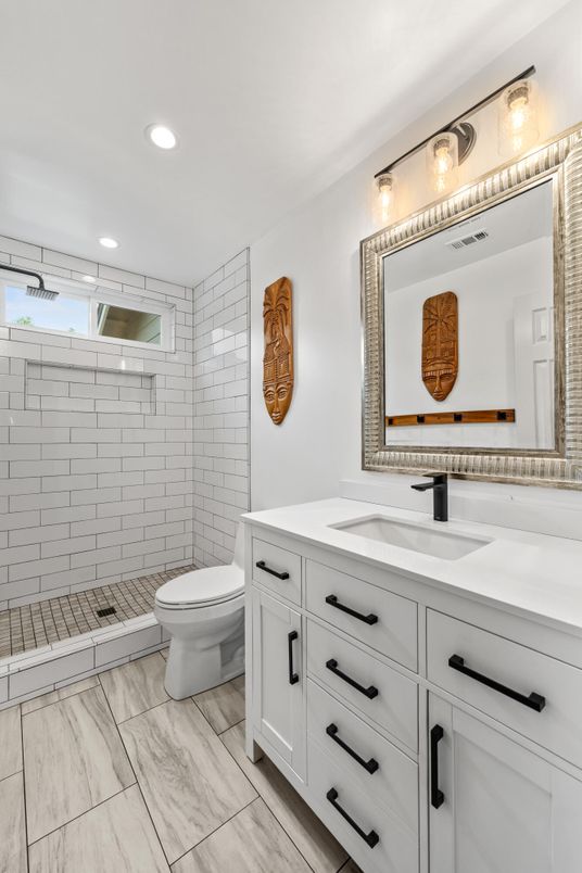Bathroom, Dual Sink Vanities, Interior, Marble, Recessed Lighting