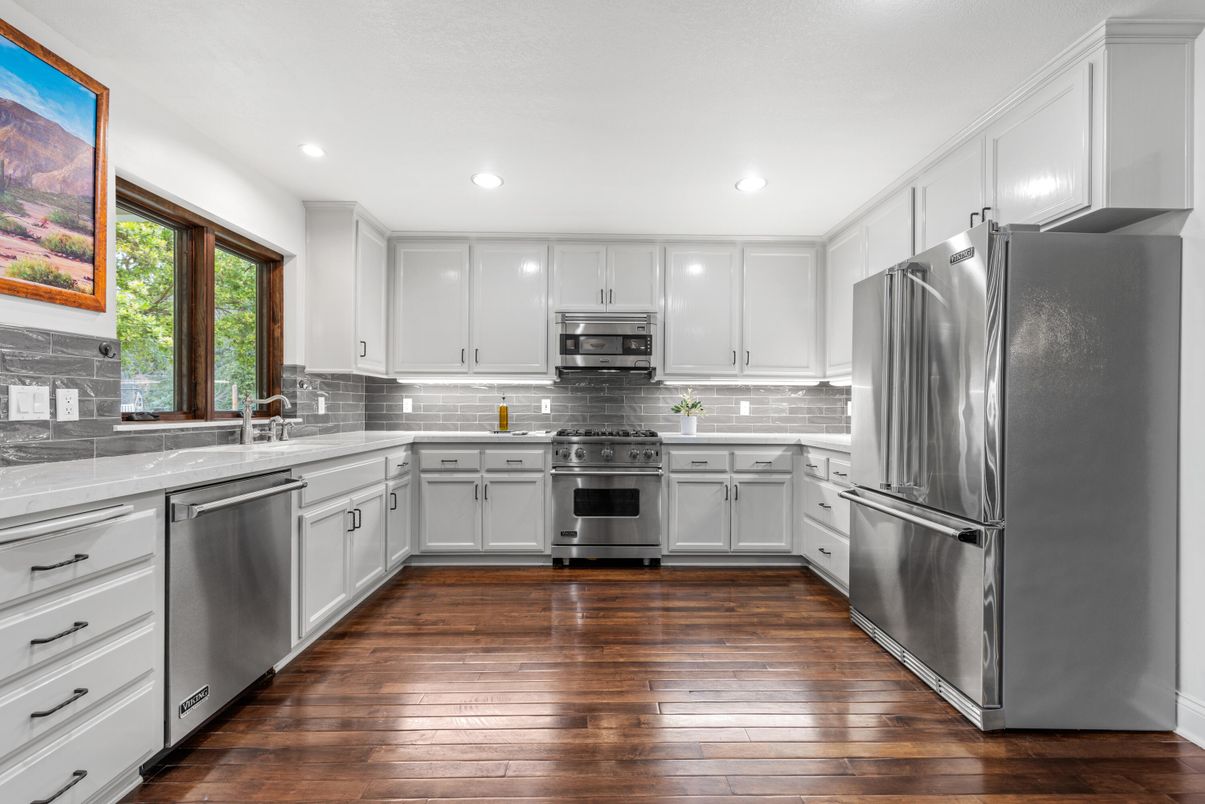 Interior, Kitchen, Recessed Lighting, Stainless Steel Appliances, Wood Texture Flooring