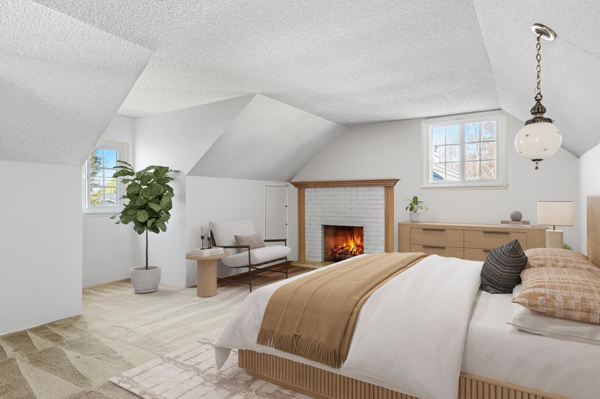 Bedroom, Fireplace, Interior, Pendant Lights