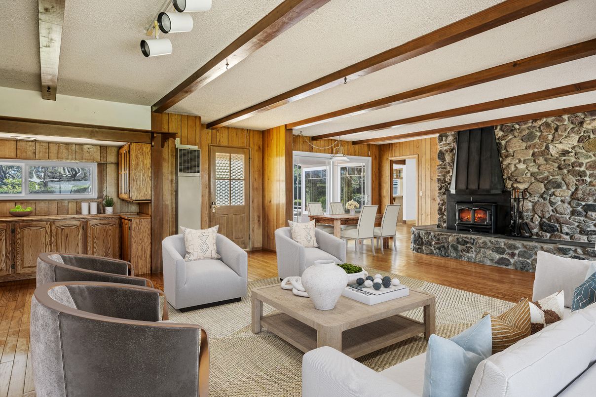 Dining room, Fireplace, Interior, Living room, Stone Walls, Wooden Beams, Wood Texture Flooring, Wooden Walls