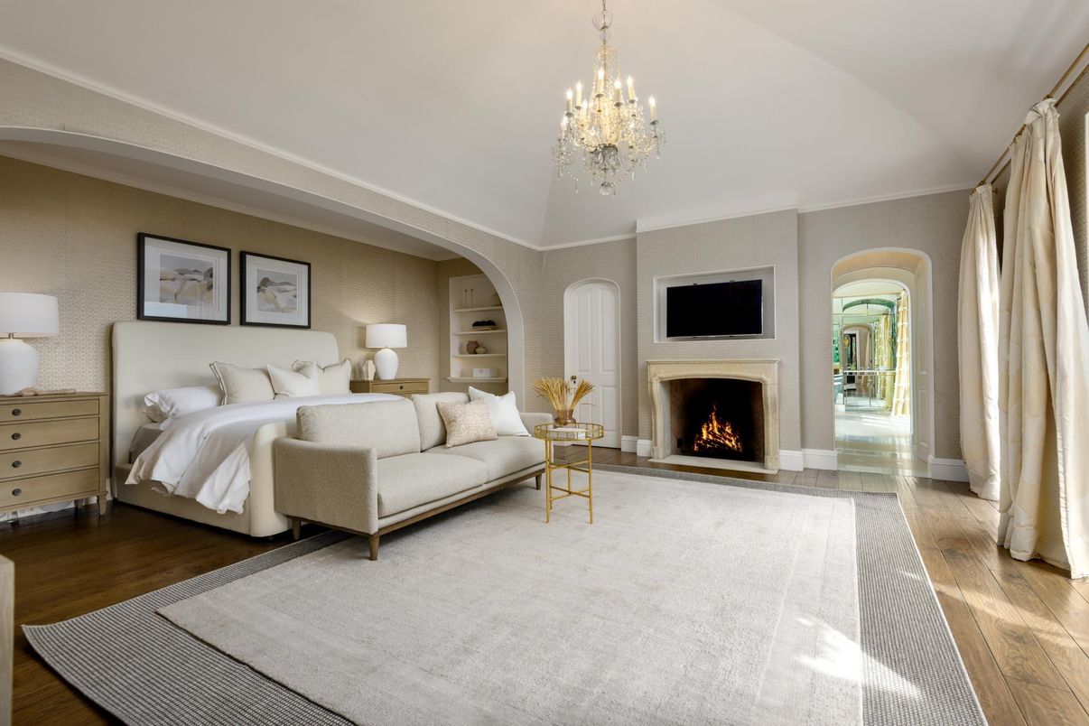 Bedroom, Chandelier, Fireplace, Interior, Wood Texture Flooring