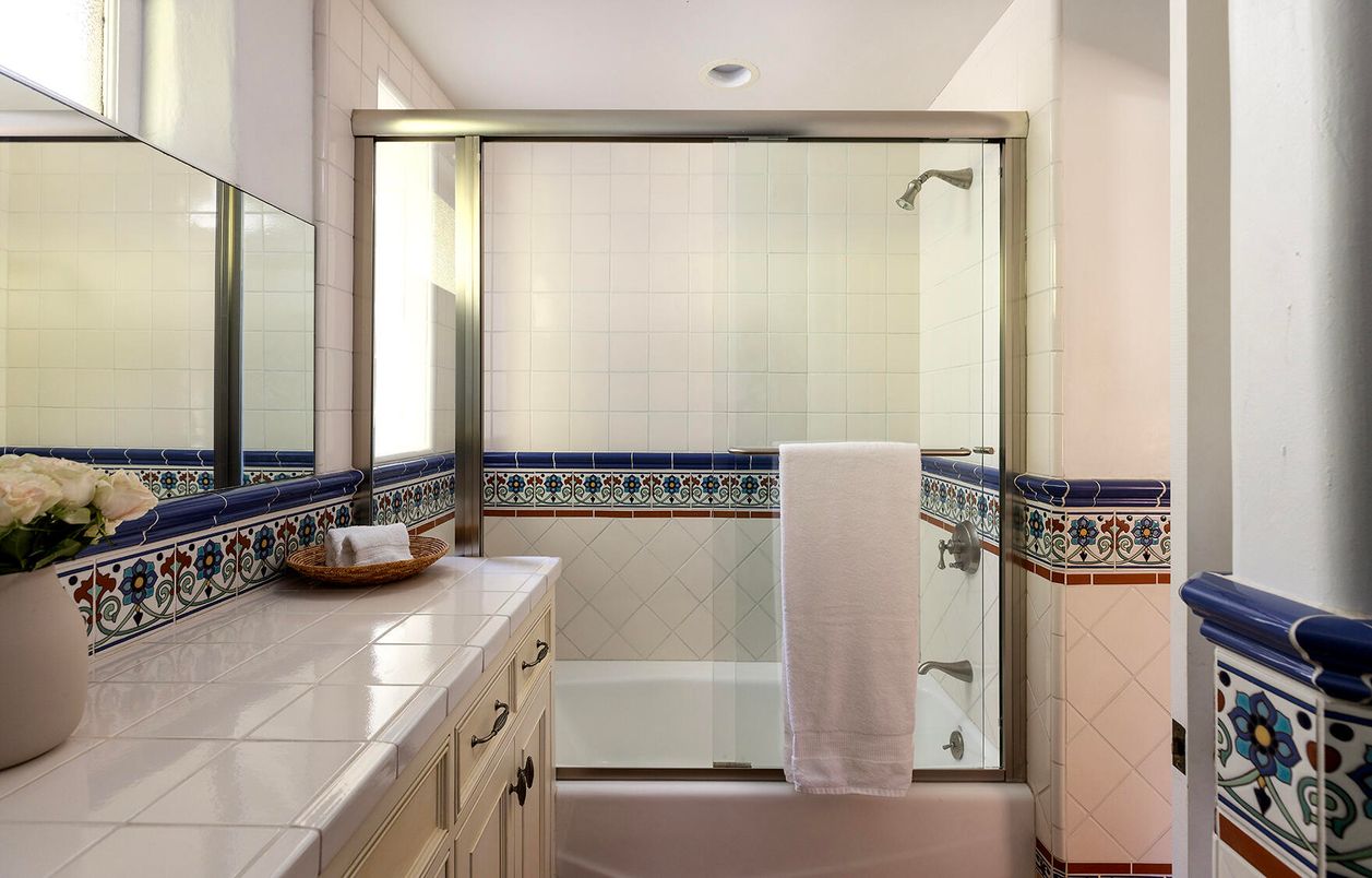 Bathroom, Glass Shower, Interior, Recessed Lighting, Tile Countertops