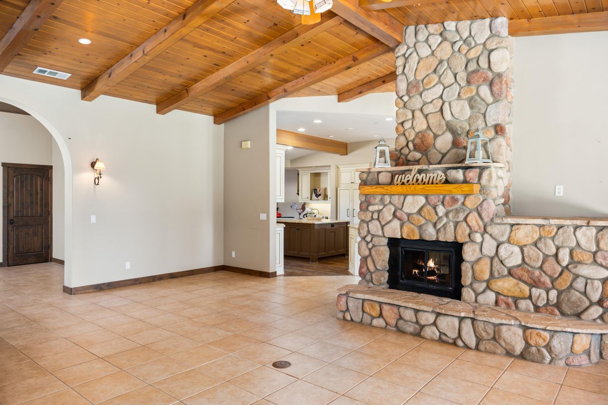 Fireplace, Interior, Recessed Lighting, Stone Walls, Wooden Beams, Wooden Ceilings